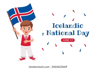 Icelandic National Day. Banner with cute little boy with Icelandic flag in hand. Vector