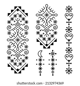Icelandic rune art style geometric tribal line art vector  design set, minimalist long ornaments inspired by Viking patterns. 
Iceland's folk art style decoration in black and white, design elements