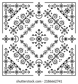Icelandic rune folk art style tribal line art vector greeting card or invitation design with moons and geometric shapes in square. Modern minimal ornament, black and white Nordic background with decor