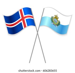 Icelandic and Sammarinese crossed flags. Iceland combined with San Marino isolated on white. Language learning, international business or travel concept.