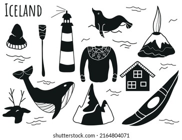Icelandic set. Vector illustration background. Mountains, seal, whale, sweater with ornament, paddle, boat, volcano, deer antlers, Icelandic house, hat, paddle, lighthouse. Traditions of the country.