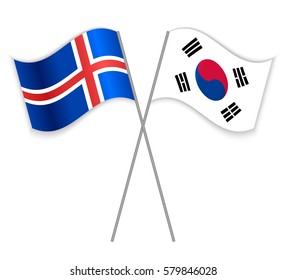 Icelandic and South Korean crossed flags. Iceland combined with South Korea isolated on white. Language learning, international business or travel concept.