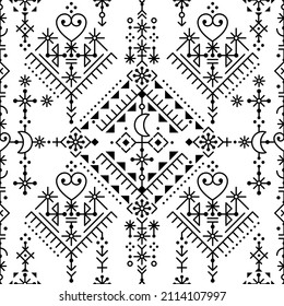 Icelandic style tribal line art vector seamless patten with moons, hearts and geometric shapes, textile or fabric print design inspired by Viking rune ornamnets from Nordic countries. 