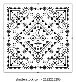 Icelandic style tribal or neotribal line art vector square pattern with moon,  geometriic greeting card design inspired by old Nordic Viking rune art. Minimal cool pattern in square, black and white 