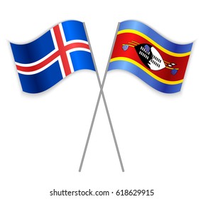 Icelandic and Swazi crossed flags. Iceland combined with Swaziland isolated on white. Language learning, international business or travel concept.