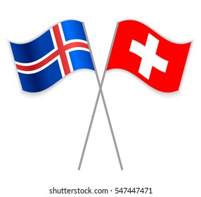 Icelandic and Swiss crossed flags. Iceland combined with Switzerland isolated on white. Language learning, international business or travel concept.