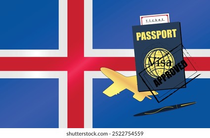 Icelandic Travel Documentation Concept with blue Passport and Iceland Flag. Approved Stamp. Airplane and Travel Tickets. Ideal for Immigration Tourism and Traveling Themes. Vector EPS available