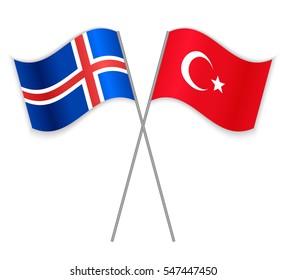 Icelandic and Turkish crossed flags. Iceland combined with Turkey isolated on white. Language learning, international business or travel concept.