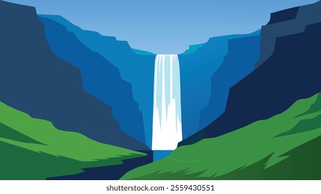 Icelandic waterfall cascading down rocky cliffs, surrounded by lush greenery and a clear blue sky flat vector illustration natural background.