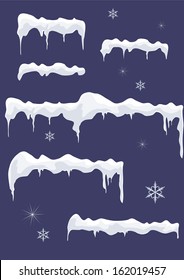 Ice-sheet with icicle.Vector contains icicles, stars and snowflakes on a blue vector background. Snow top.