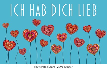 Ich hab dich lieb - Deutscher Text - Ich liebe dich. Grußkarte mit bunten Herzen.