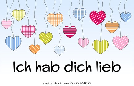 Ich hab dich lieb - Lettering in deutscher Sprache - ich liebe dich. Liebe Nachricht mit einem Himmel voller pastellfarbener Herzen.