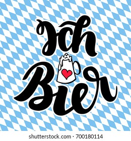 Ich liebe Bier. I love Beer. Traditional German Oktoberfest bier festival. Vector hand-drawn brush lettering illustration on bavarian background