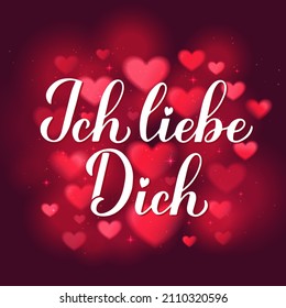 Ich liebe Dich kalligrafisch handschriftlich auf rotem Hintergrund. Ich liebe dich auf Deutsch. Valentinstag Typografie Poster. Vektorvorlage für Banner, Grußkarten, T-Shirt, Logo-Design, Flyer usw.