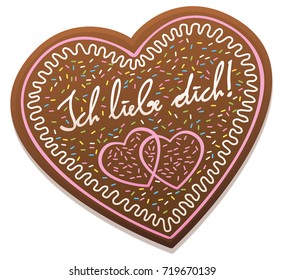 ICH LIEBE DICH - german for I love you - written on a typical bavarian gingerbread heart from original Oktoberfest in Munich. Isolated vector illustration on white background.