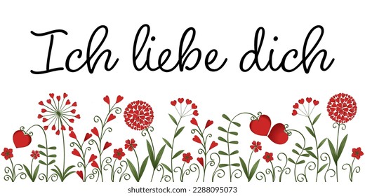 Ich liebe dich - deutscher Text - ich liebe dich. Grußkarte mit Blumen aus roten Herzen.