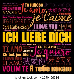 ICH LIEBE DICH (I Love You in German) in different languages of the world, word cloud background