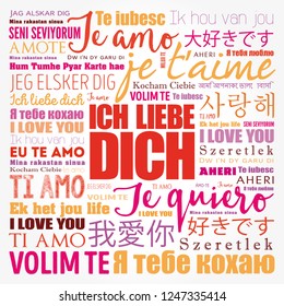 ICH LIEBE DICH (I Love You in German) in different languages of the world, word cloud background