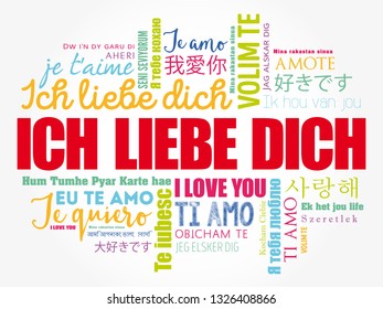 ICH LIEBE DICH (I Love You in German) in different languages of the world, word cloud background