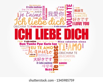 ICH LIEBE DICH (I Love You in German) love heart word cloud in different languages of the world