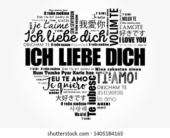 ICH LIEBE DICH (I Love You in German) love heart word cloud in different languages of the world