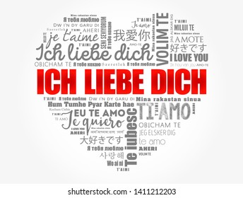 ICH LIEBE DICH (I Love You in German) love heart word cloud in different languages of the world