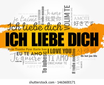 ICH LIEBE DICH (I Love You in German) word cloud in different languages of the world