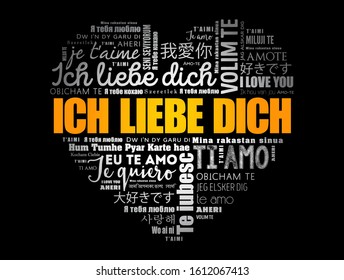 ICH LIEBE DICH (I Love You in German) love heart word cloud in different languages of the world