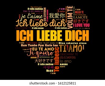 ICH LIEBE DICH (I Love You in German) love heart word cloud in different languages of the world