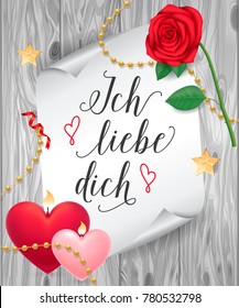 Ich Liebe Dich Lettering on Paper Scroll