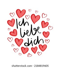 Ich liebe dich, I love you in German language with heart drawings. Vector illustration design for fashion graphics, prints, posters, gifts, greeting cards.