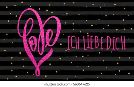 Ich liebe dich. Rosa Glitter Valentine Liebe Herz mit Ich liebe Sie Text in Deutsch. Vektorschwarzer Feiertag Valentinstag-Karte