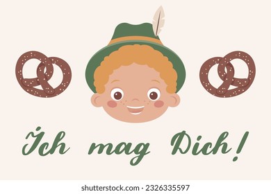 "Ich mag dich" handgezeichnet Vektorgrafik auf Deutsch, auf Englisch bedeutet "Ich mag dich". Deutsche Handschrift mit glücklichem bayerischen Jungen, perfekt für Grußkartendesign. Vektorgrafik