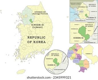 Icheon-si (Icheon) liegt auf der Landkarte von Gyeonggi-do (Provinz Gyeonggi) und Republik Korea (Südkorea). Bekleidet. Vektorgrafik