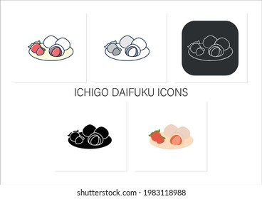 Ichigo daifuku iconos set.Fresas y mochi pequeño redondo relleno de pasta de frijol rojo. Wagashi.Spring comida japonesa.Colección de iconos en estilos lineales, rellenos, de color.Iconos vectoriales aislados