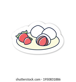 Sticker de Ichigo daifuku.Fresas y mochi pequeño redondo relleno de pasta de frijol rojo. La moderna insignia wagashi para el diseño. Plato tradicional. Emblema vectorial de la comida japonesa primavera