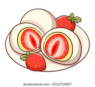 Ichigo Daifuku (Mochi de fresa) Vector de ilustración. Receta de fresa Daifuku Vector de iconos de dibujos animados. 
Pasteles de arroz de postre japonés con fresa. Receta de daifuku de fresa japonesa.