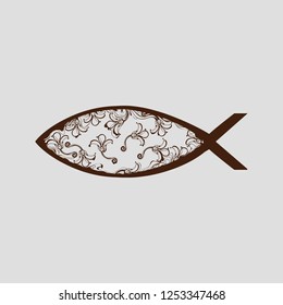 Ichthus, an image of a fish used as a symbol of Christianity, brown floral lace ornament.