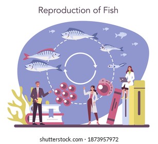 Ichthyologist concept. Ocean fauna scientist. Practical studying of branch of zoology devoted to the study of fish. Isolated vector illustration