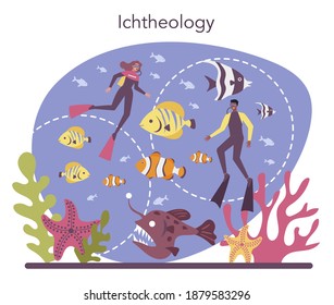 Ichthyologist concept. Ocean fauna scientist. Practical studying of branch of zoology devoted to the study of fish. Isolated vector illustration