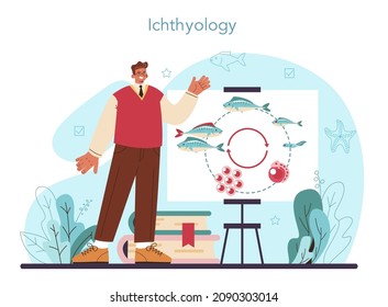 Ichthyologist concept. Ocean fauna scientist. Practical studying of branch of zoology devoted to the study of fish. Endangered species protection. Isolated vector illustration