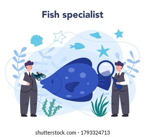 Ichthyologist concept. Oceanic fauna scientist. Practical studying of branch of zoology devoted to the study of fish. Isolated vector illustration