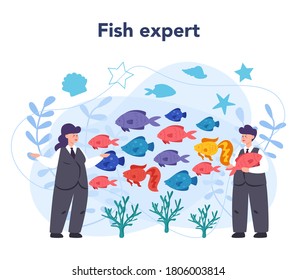 Ichthyologist concept. Oceanic fauna scientist. Practical studying of branch of zoology devoted to the study of fish. Isolated vector illustration