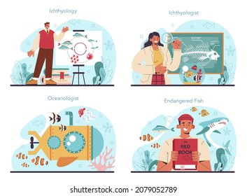 Ichthyologist concept set. Ocean fauna scientist. Practical studying of branch of zoology devoted to the study of fish. Endangered species protection. Isolated vector illustration