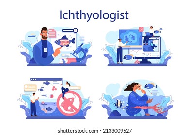 Ichthyologist concept set. Ocean fauna scientist. Practical studying of branch of zoology devoted to the study of fish. Endangered species protection. Isolated vector illustration