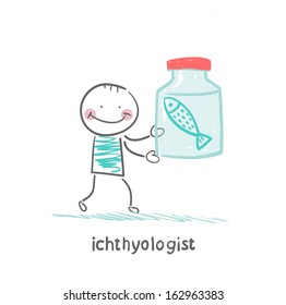 ichthyologist looks at the fish in the pot
