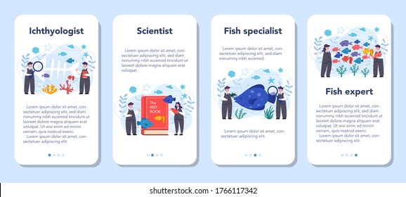 Ichthyologist mobile application banner set. Oceanic fauna scientist. Practical studying of branch of zoology devoted to the study of fish. Isolated vector illustration