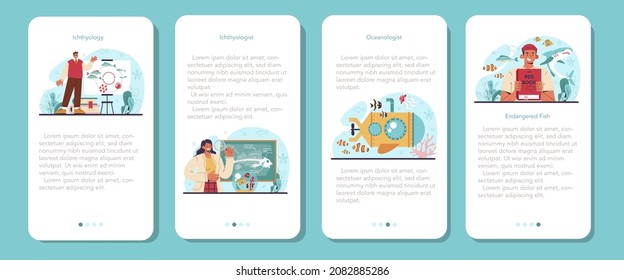 Ichthyologist mobile application banner set. Ocean fauna scientist. Practical studying of branch of zoology devoted to the study of fish. Endangered species protection. Isolated vector illustration