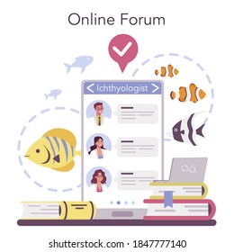 Ichthyologist online service or platform. Ocean fauna scientist. Practical studying of fish. Online forum. Isolated vector illustration