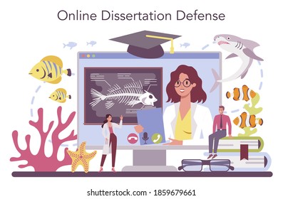 Ichthyologist online service or platform. Ocean fauna scientist. Practical studying of fish. Online dessertation defense. Isolated vector illustration